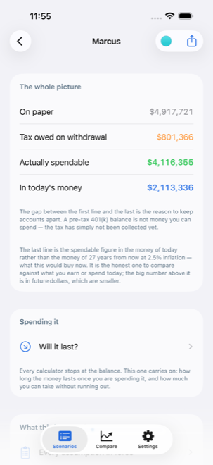 A folder showing its balance on paper and what it is worth after tax