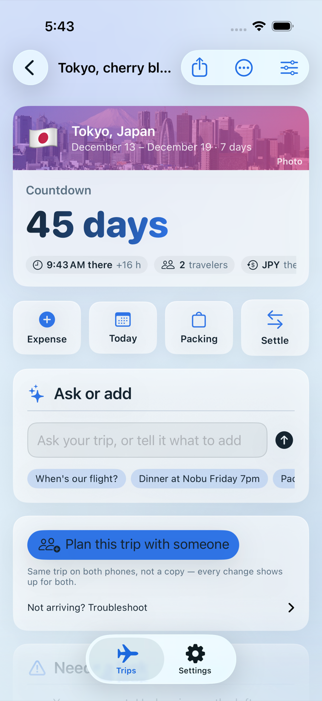A trip's home page: countdown, quick actions, Ask or add and the sections of the trip