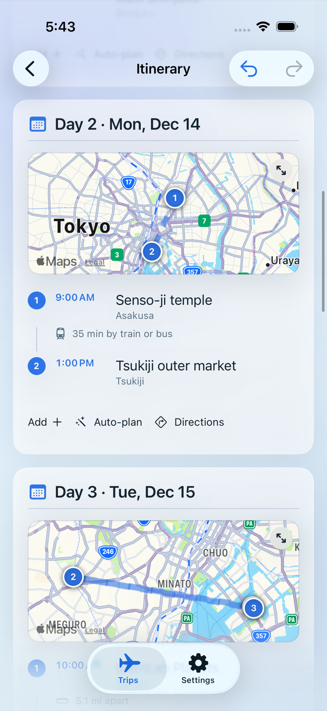 A day of the itinerary on a map with numbered stops and the walking time between them