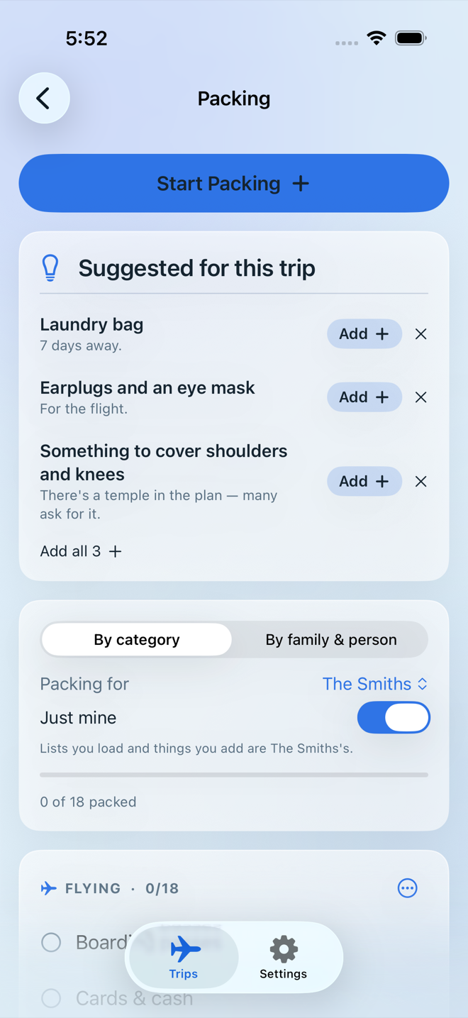 Packing for one family, with Just mine showing the shared list and their own