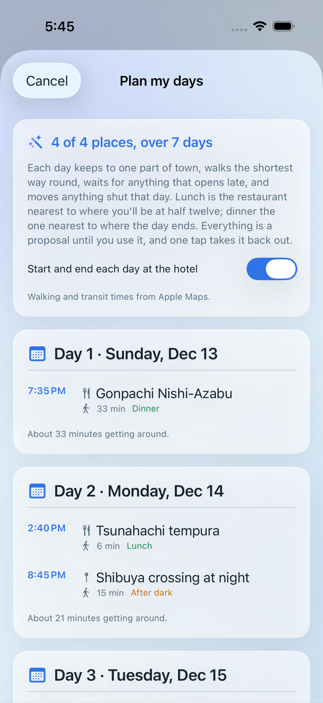 Plan my days: saved places laid out across the trip with lunch and dinner