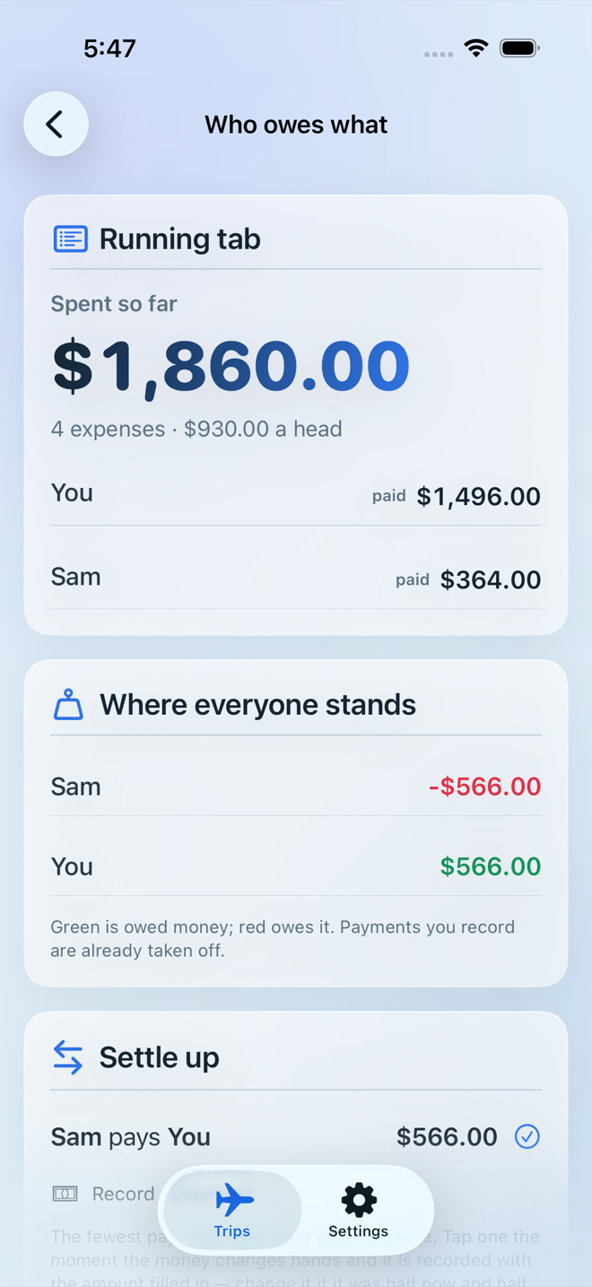 Who owes what: the running tab, where everyone stands and the settle-up